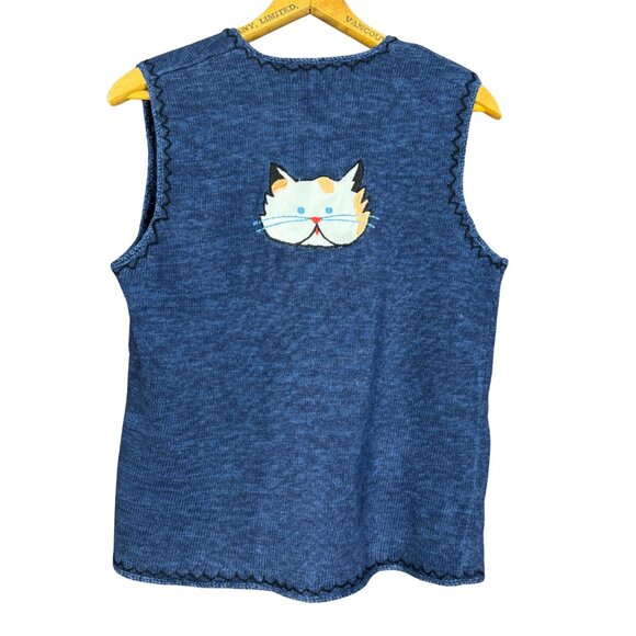 Vintage 90s Cat Knit Sweater Vest Small Rainbow Bridge Blue Sleeveless - Picture 6 of 7